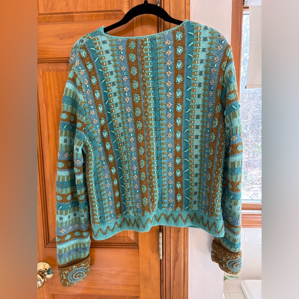 Green/blue cotton cardigan- hand knit in Nepal- size S/M - Picture 2 of 9